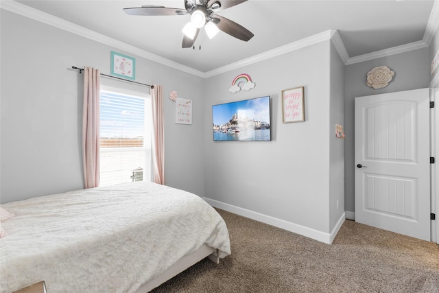 carpeted bedroom with ornamental molding, a ceiling fan, and baseboards