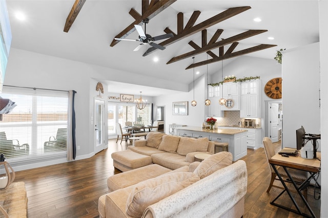 living area featuring high vaulted ceiling, dark wood-style flooring, beamed ceiling, and baseboards