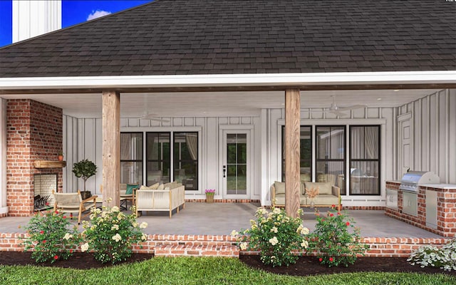 back of property featuring exterior kitchen, board and batten siding, a fireplace, and a shingled roof