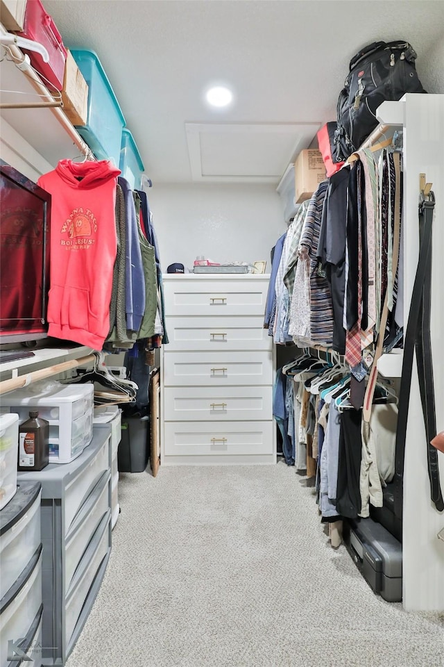 walk in closet featuring attic access and light colored carpet