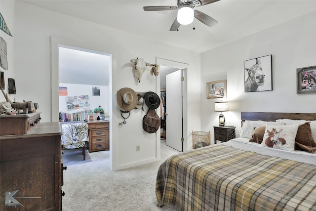 bedroom with baseboards, ceiling fan, and light colored carpet