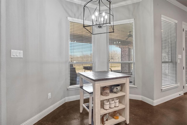 dining room with concrete flooring, baseboards, and a notable chandelier