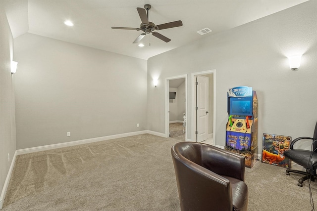 8500 Cobble Stone, Godley, TX 76044 - living area featuring carpet, ceiling fan, baseboards, recessed lighting, and vaulted ceiling