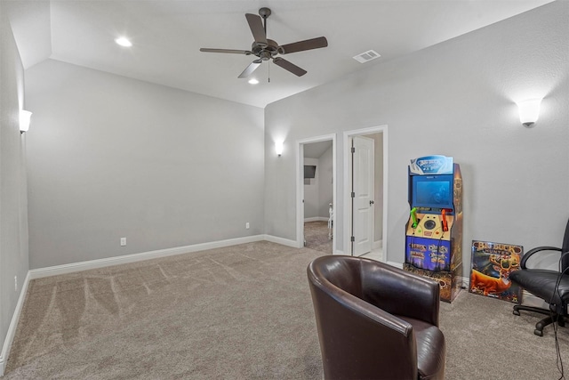 living area with visible vents, baseboards, ceiling fan, recessed lighting, and carpet
