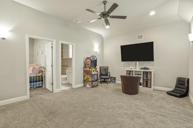 8500 Cobble Stone, Godley, TX 76044 - rec room featuring a ceiling fan, carpet, baseboards, vaulted ceiling, and recessed lighting