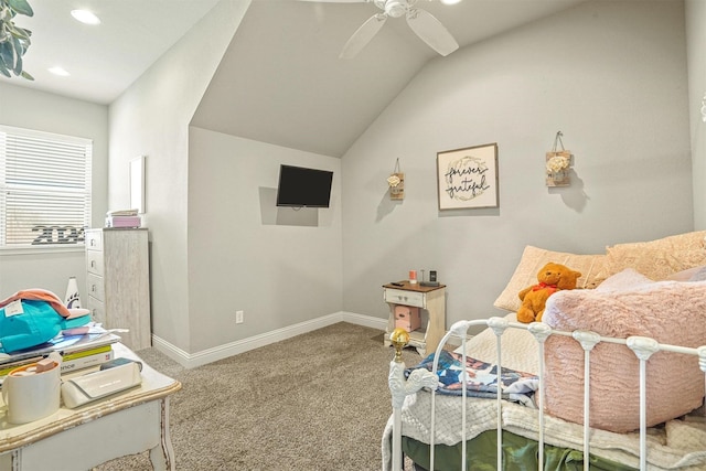 8500 Cobble Stone, Godley, TX 76044 - carpeted bedroom featuring vaulted ceiling, baseboards, a ceiling fan, and recessed lighting