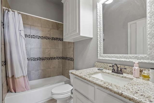 full bathroom featuring toilet, shower / bath combination with curtain, and vanity