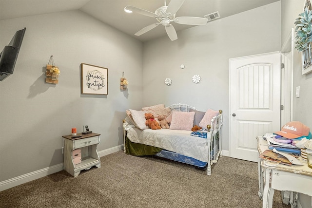 8500 Cobble Stone, Godley, TX 76044 - bedroom with carpet, vaulted ceiling, baseboards, and a ceiling fan