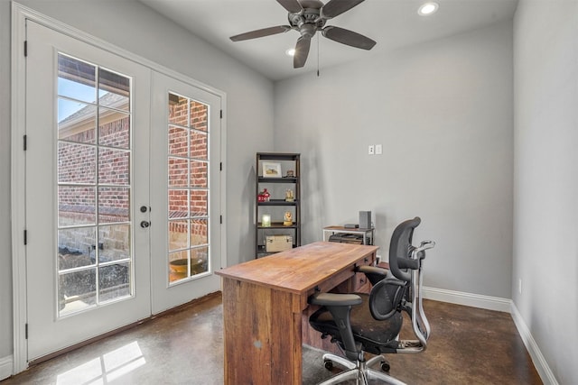 office space with concrete flooring, baseboards, french doors, and recessed lighting