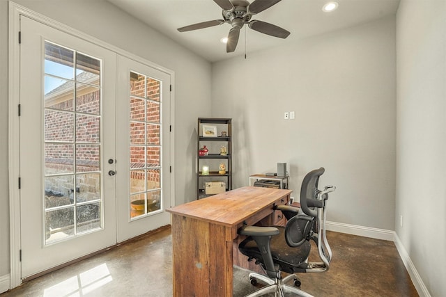 8500 Cobble Stone, Godley, TX 76044 - office area featuring french doors, finished concrete floors, recessed lighting, baseboards, and ceiling fan