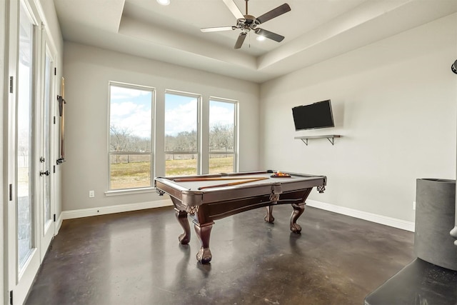8500 Cobble Stone, Godley, TX 76044 - recreation room featuring finished concrete flooring, baseboards, a tray ceiling, and pool table