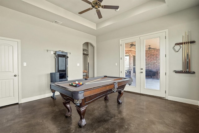 8500 Cobble Stone, Godley, TX 76044 - playroom featuring concrete floors, french doors, a ceiling fan, and baseboards