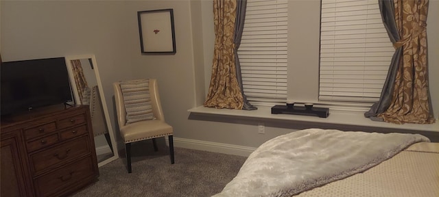 bedroom with baseboards and dark colored carpet