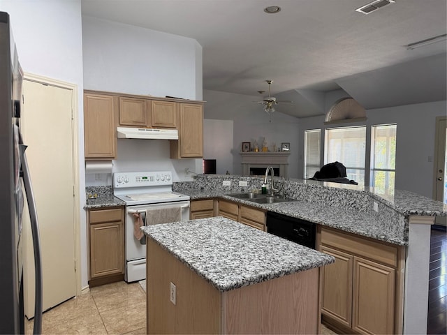 kitchen with black dishwasher, white electric stove, a sink, a peninsula, and under cabinet range hood