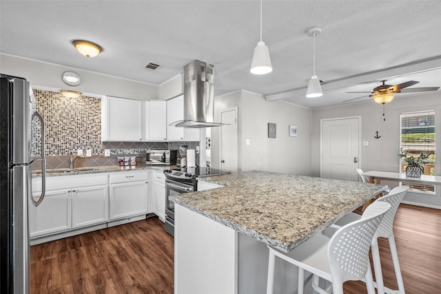 kitchen featuring appliances with stainless steel finishes, hanging light fixtures, a peninsula, and island range hood