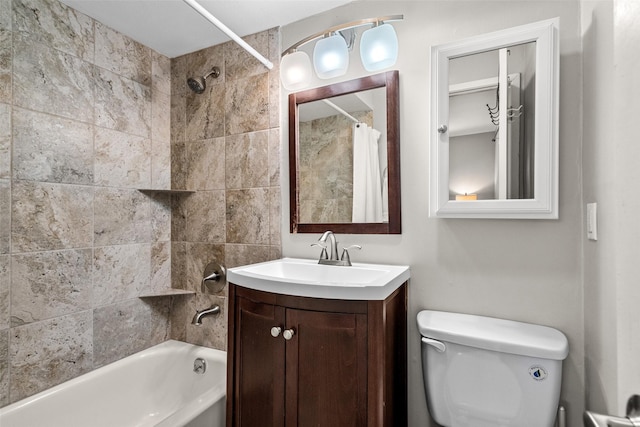 full bathroom with toilet, shower / bath combo, and vanity