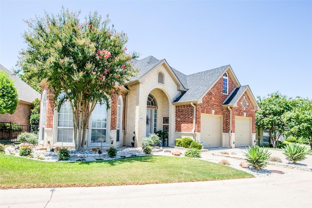 view of front of home with brick siding, concrete driveway, fence, a garage, and a front lawn