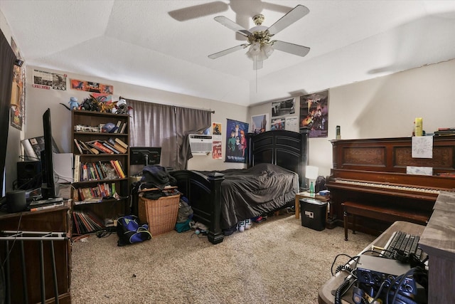 carpeted bedroom featuring lofted ceiling, ceiling fan, a textured ceiling, cooling unit, and a tray ceiling