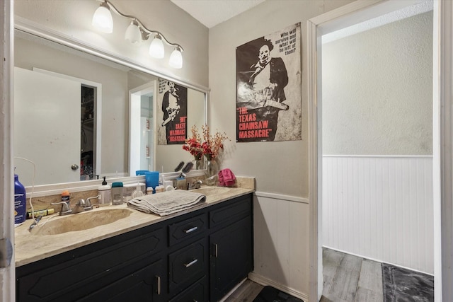 bathroom with wainscoting, wood finished floors, and vanity