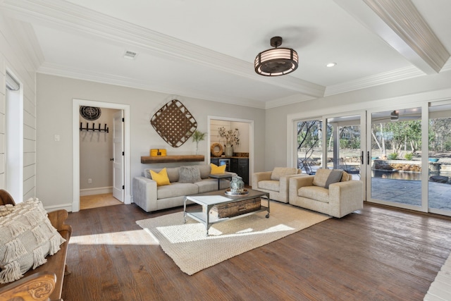 living area with wood finished floors, baseboards, recessed lighting, ornamental molding, and beamed ceiling