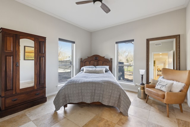 bedroom with visible vents, ceiling fan, crown molding, and baseboards