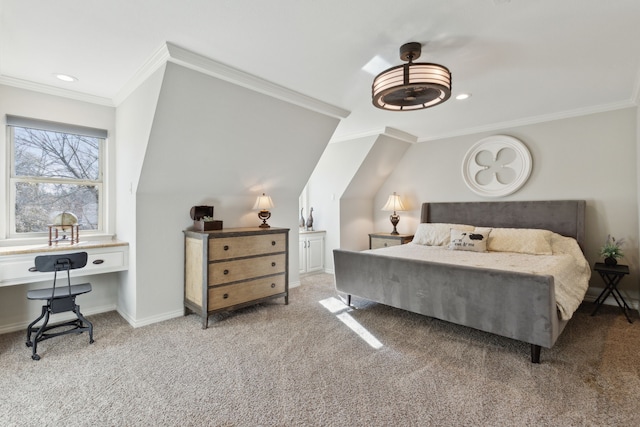 bedroom featuring recessed lighting, baseboards, ornamental molding, and carpet flooring