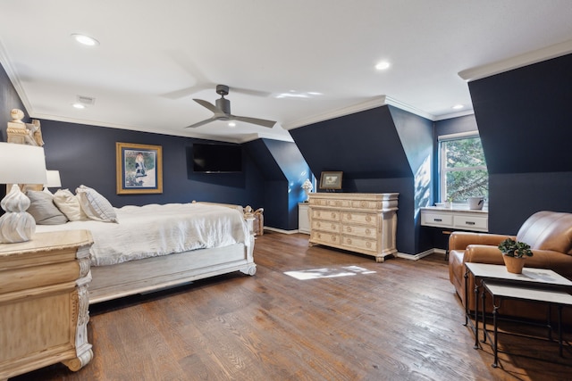 bedroom featuring recessed lighting, baseboards, wood finished floors, and ornamental molding