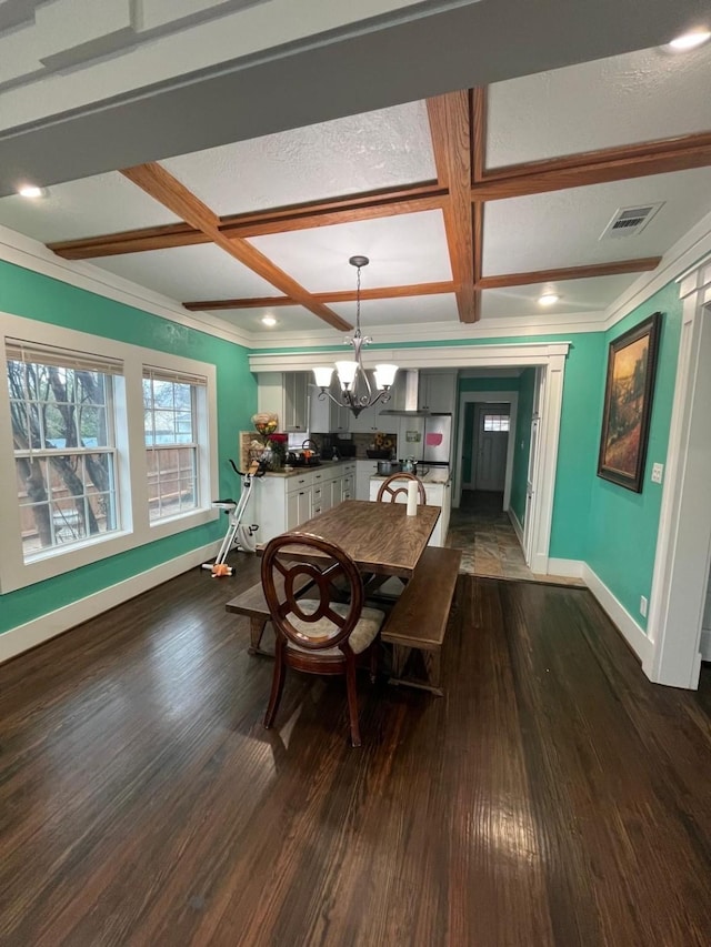 dining room with dark wood-style floors, coffered ceiling, visible vents, and an inviting chandelier