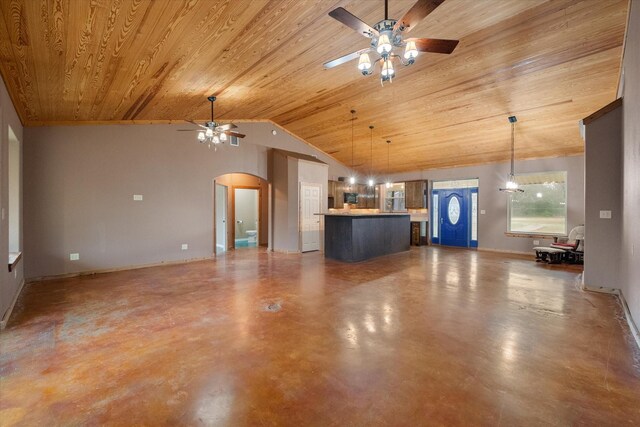 unfurnished living room featuring a ceiling fan, lofted ceiling, wooden ceiling, and baseboards
