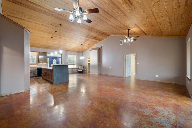kitchen with visible vents, wood ceiling, light countertops, concrete flooring, and black microwave