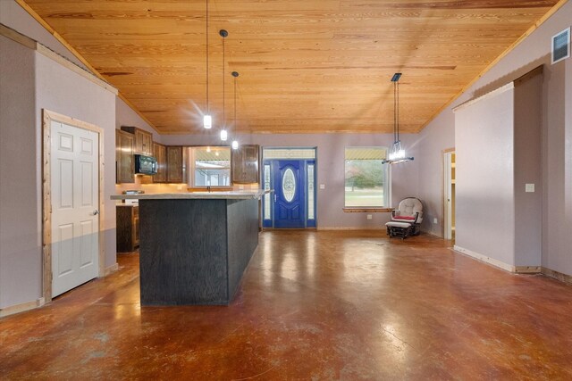 foyer entrance featuring vaulted ceiling, wooden ceiling, visible vents, and baseboards