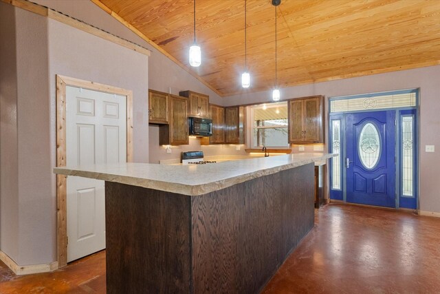 kitchen with a sink, wood ceiling, visible vents, vaulted ceiling, and black appliances
