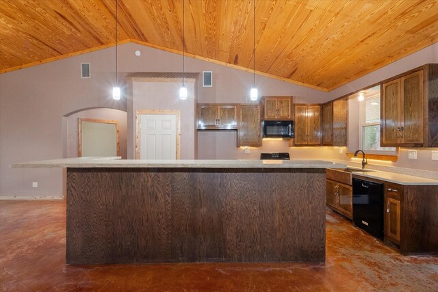 kitchen featuring visible vents, wood ceiling, vaulted ceiling, brown cabinets, and black appliances