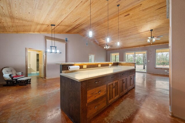 kitchen featuring black appliances, wooden ceiling, a sink, and light countertops