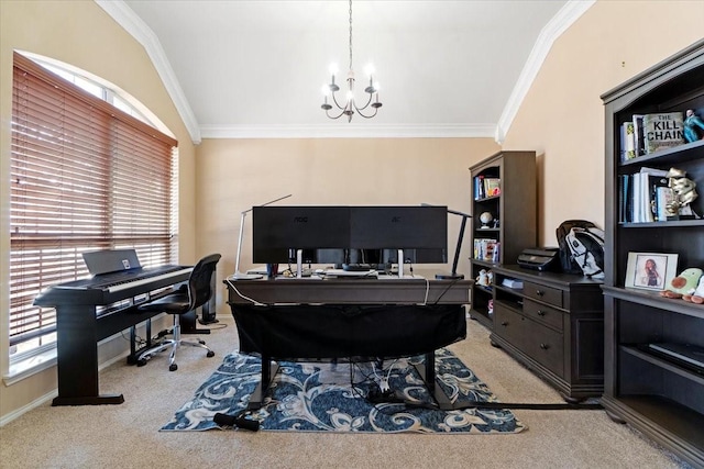 home office with a chandelier, light carpet, and crown molding