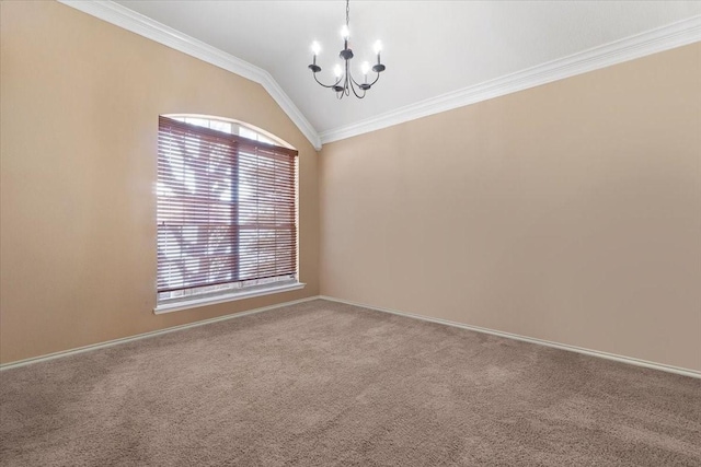 empty room featuring crown molding, lofted ceiling, an inviting chandelier, carpet flooring, and baseboards