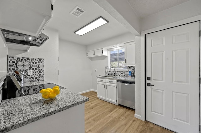 kitchen featuring light wood finished floors, visible vents, stainless steel dishwasher, white cabinets, and a sink