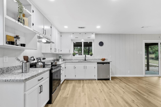 kitchen featuring visible vents, appliances with stainless steel finishes, white cabinetry, open shelves, and a sink