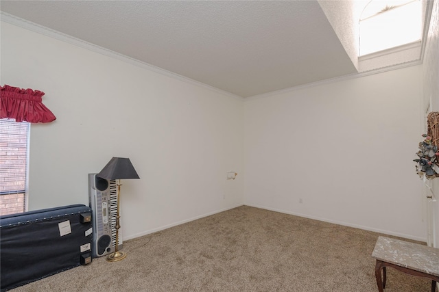 interior space featuring light colored carpet, crown molding, a textured ceiling, and baseboards