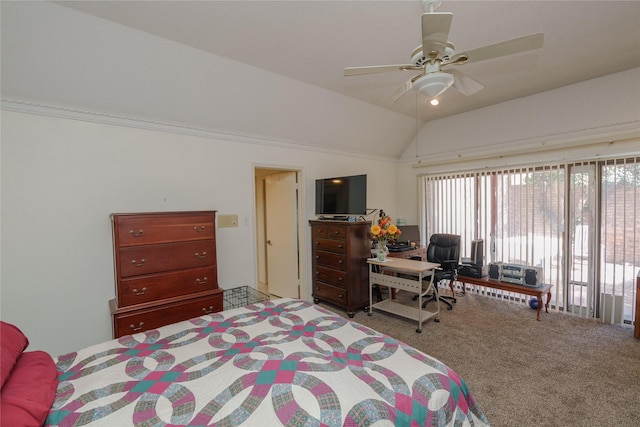 carpeted bedroom featuring vaulted ceiling and a ceiling fan