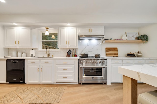 kitchen with under cabinet range hood, a sink, white cabinets, black dishwasher, and high end stainless steel range