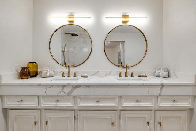 full bathroom featuring double vanity, a shower, and a sink