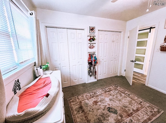 bedroom featuring baseboards, carpet, and multiple closets