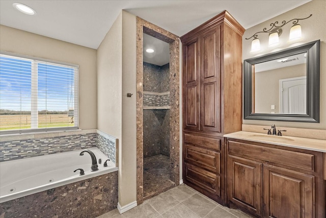 full bathroom with a stall shower, visible vents, a tub with jets, tile patterned flooring, and vanity