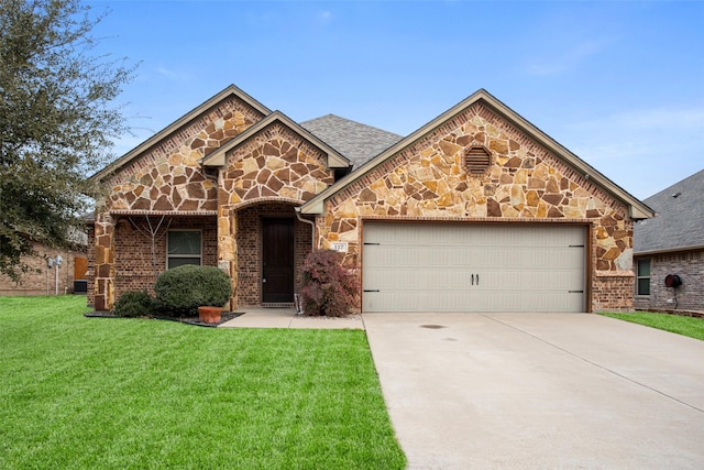 view of front of property with brick siding, concrete driveway, a front yard, a garage, and stone siding