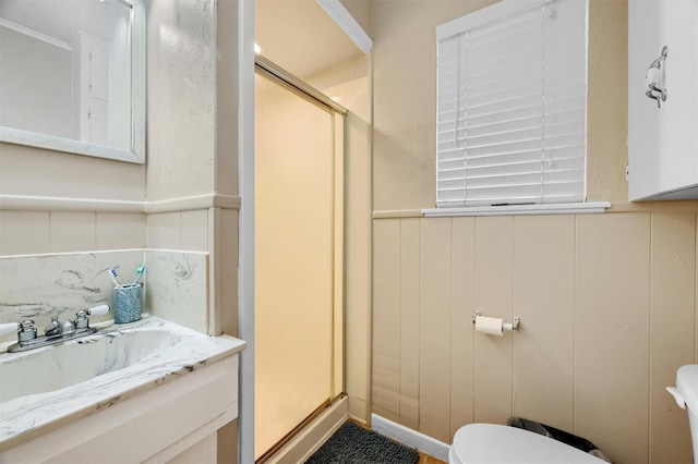 full bathroom featuring toilet, a wainscoted wall, a shower stall, and vanity