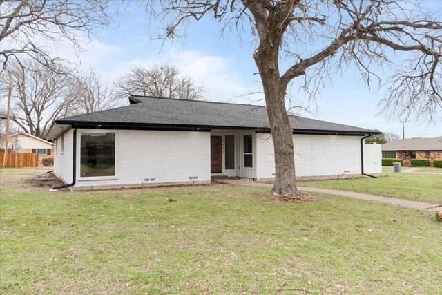 1207 Willow Glen Dr, Dallas, TX 75232 - mid-century inspired home with brick siding, a front yard, crawl space, and roof with shingles