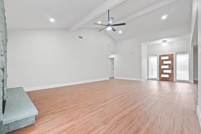 unfurnished living room featuring light wood finished floors, baseboards, visible vents, and beam ceiling