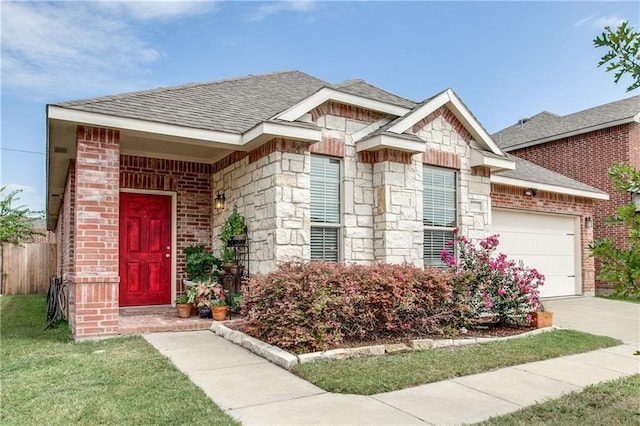 view of front of property with a garage, concrete driveway, brick siding, and a shingled roof