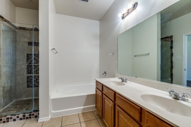 8860 Noontide Dr, Fort Worth, TX 76179 - full bathroom with a stall shower, a bath, double vanity, and tile patterned flooring